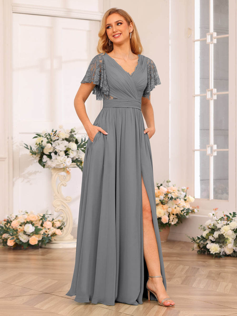 A-Line/Princess V-Neck Long Wedding Party Dresses with Split Side & Pockets Gray