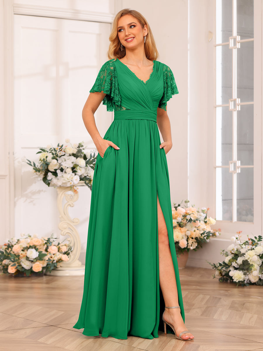 A-Line/Princess V-Neck Long Wedding Party Dresses with Split Side & Pockets Green