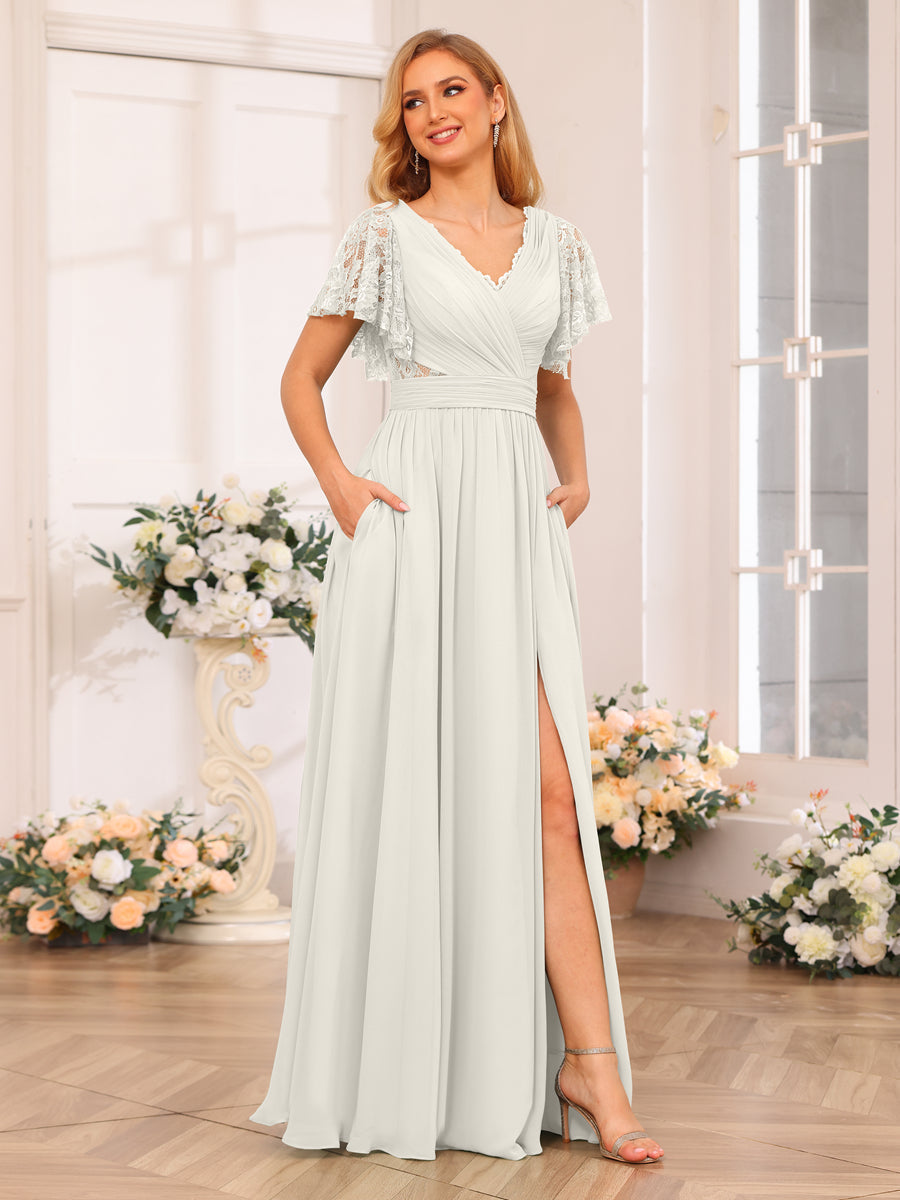A-Line/Princess V-Neck Long Wedding Party Dresses with Split Side & Pockets Ivory