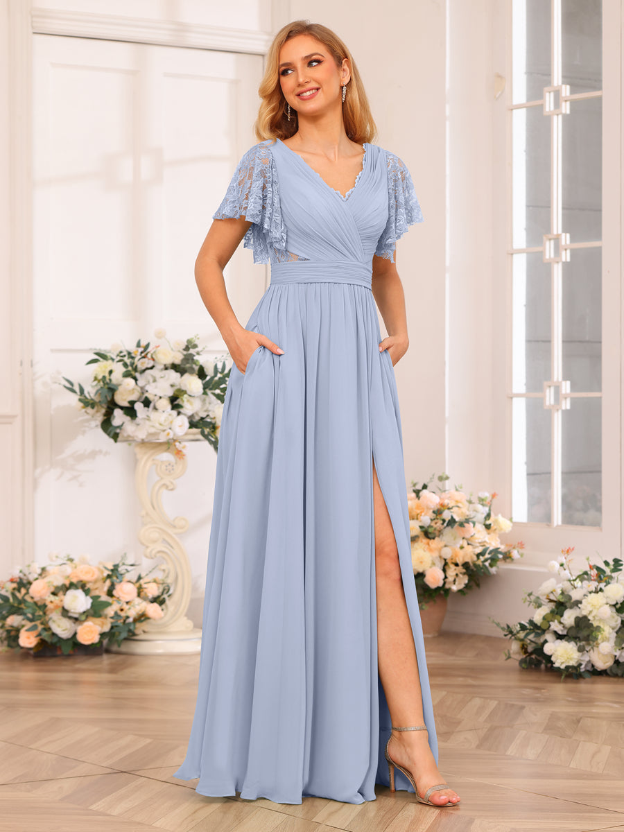 A-Line/Princess V-Neck Long Wedding Party Dresses with Split Side & Pockets Lavender