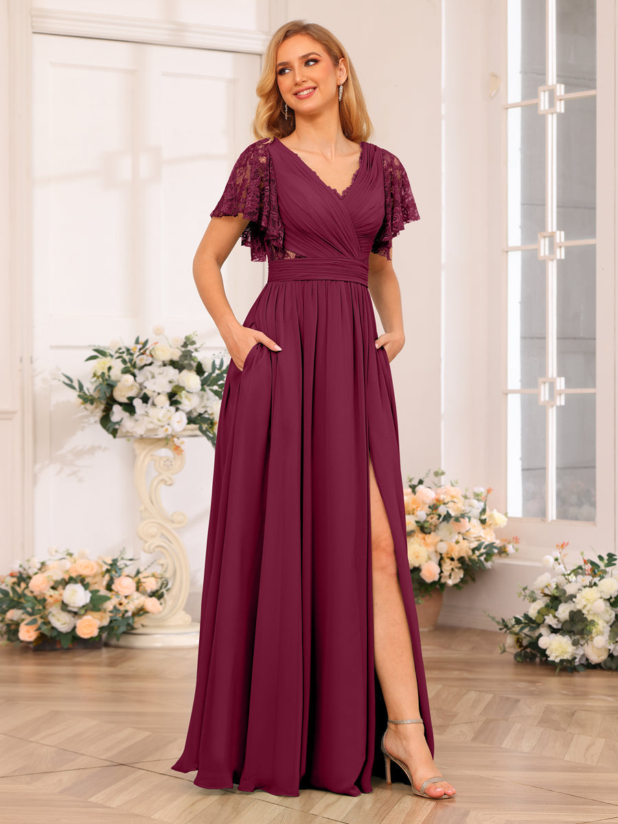A-Line/Princess V-Neck Long Wedding Party Dresses with Split Side & Pockets Light Burgundy