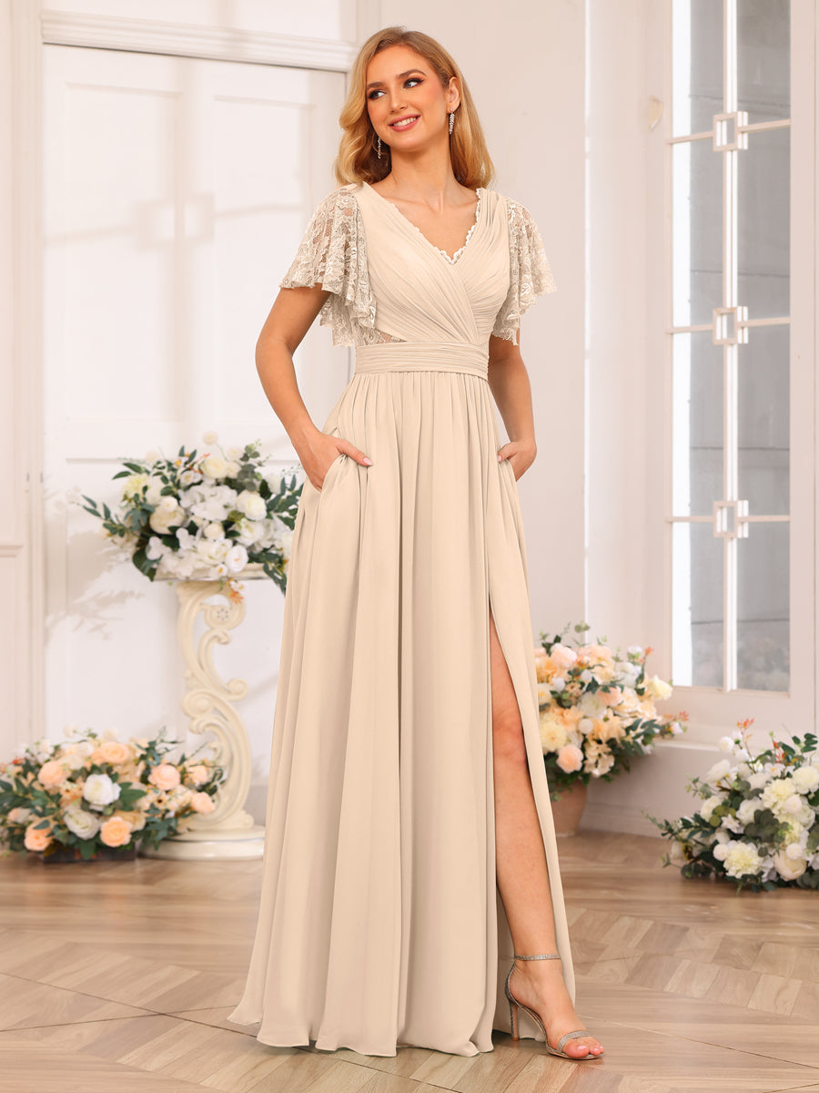 A-Line/Princess V-Neck Long Wedding Party Dresses with Split Side & Pockets Light Champagne