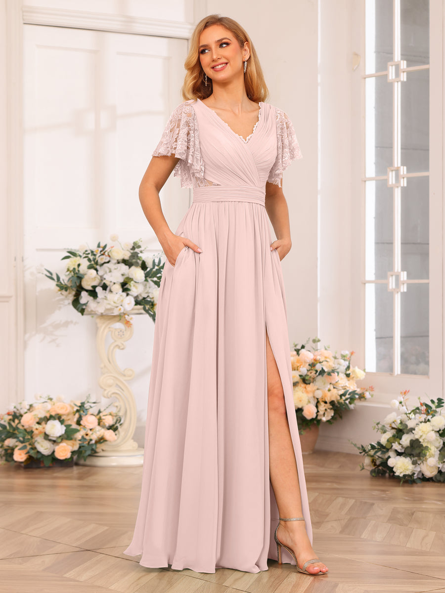 A-Line/Princess V-Neck Long Wedding Party Dresses with Split Side & Pockets Light Pink