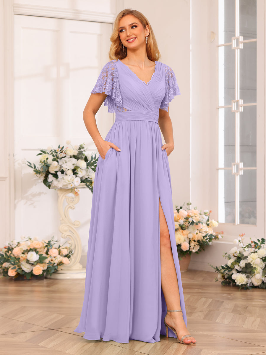A-Line/Princess V-Neck Long Wedding Party Dresses with Split Side & Pockets Lilac