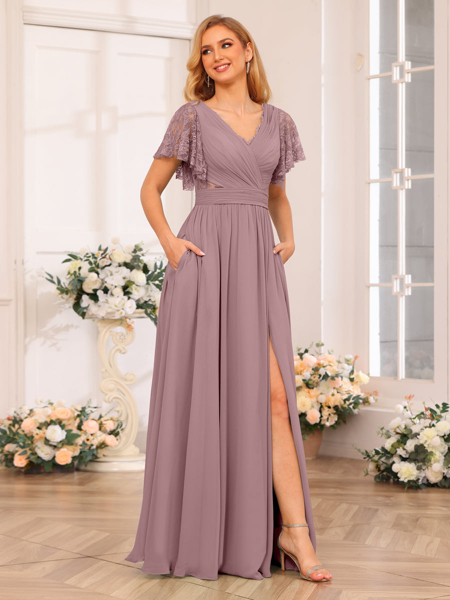 A-Line/Princess V-Neck Long Wedding Party Dresses with Split Side & Pockets Mauve