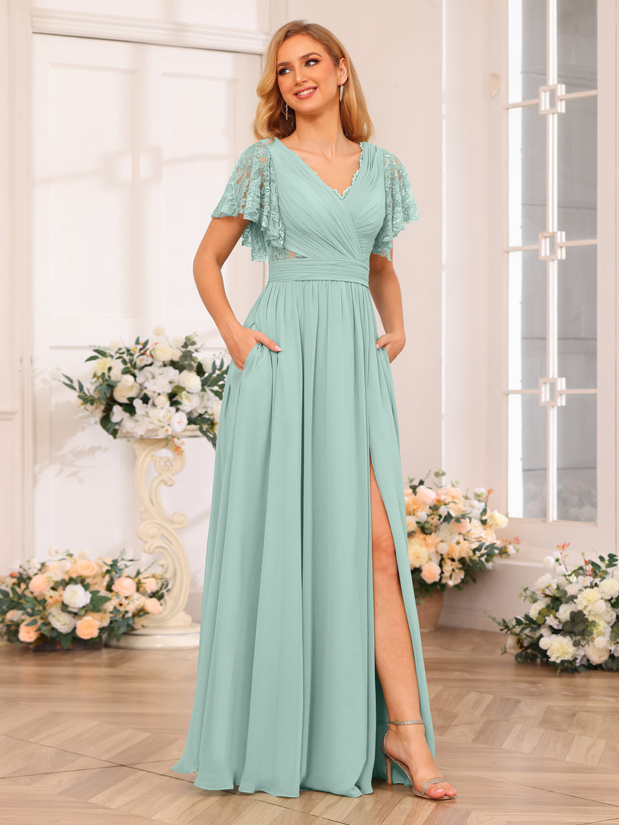 A-Line/Princess V-Neck Long Wedding Party Dresses with Split Side & Pockets Mist Blue
