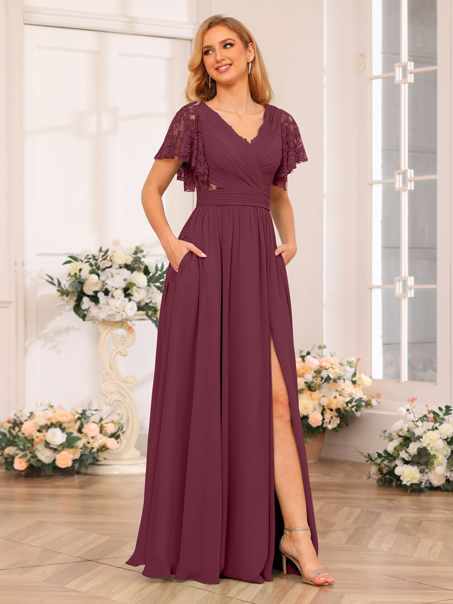 A-Line/Princess V-Neck Long Wedding Party Dresses with Split Side & Pockets Mulberry