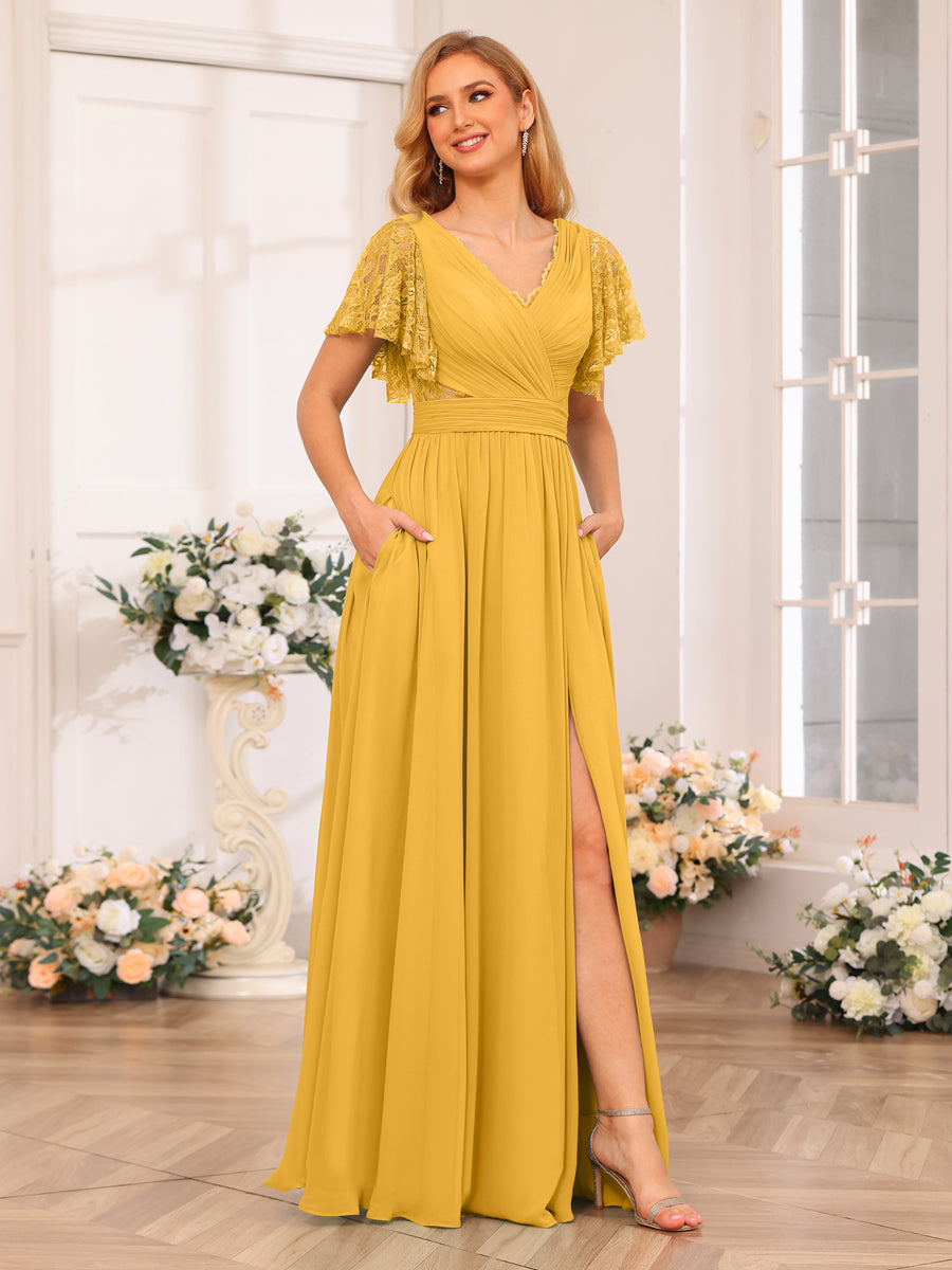 A-Line/Princess V-Neck Long Wedding Party Dresses with Split Side & Pockets Mustard Yellow