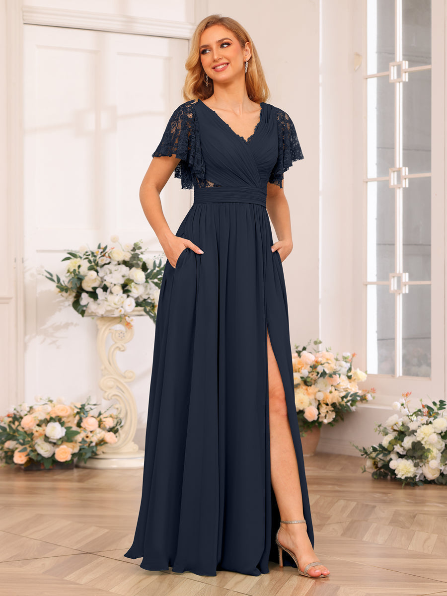 A-Line/Princess V-Neck Long Wedding Party Dresses with Split Side & Pockets Navy Blue