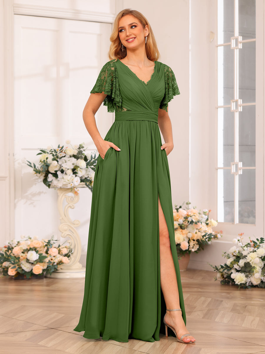 A-Line/Princess V-Neck Long Wedding Party Dresses with Split Side & Pockets Olive Green