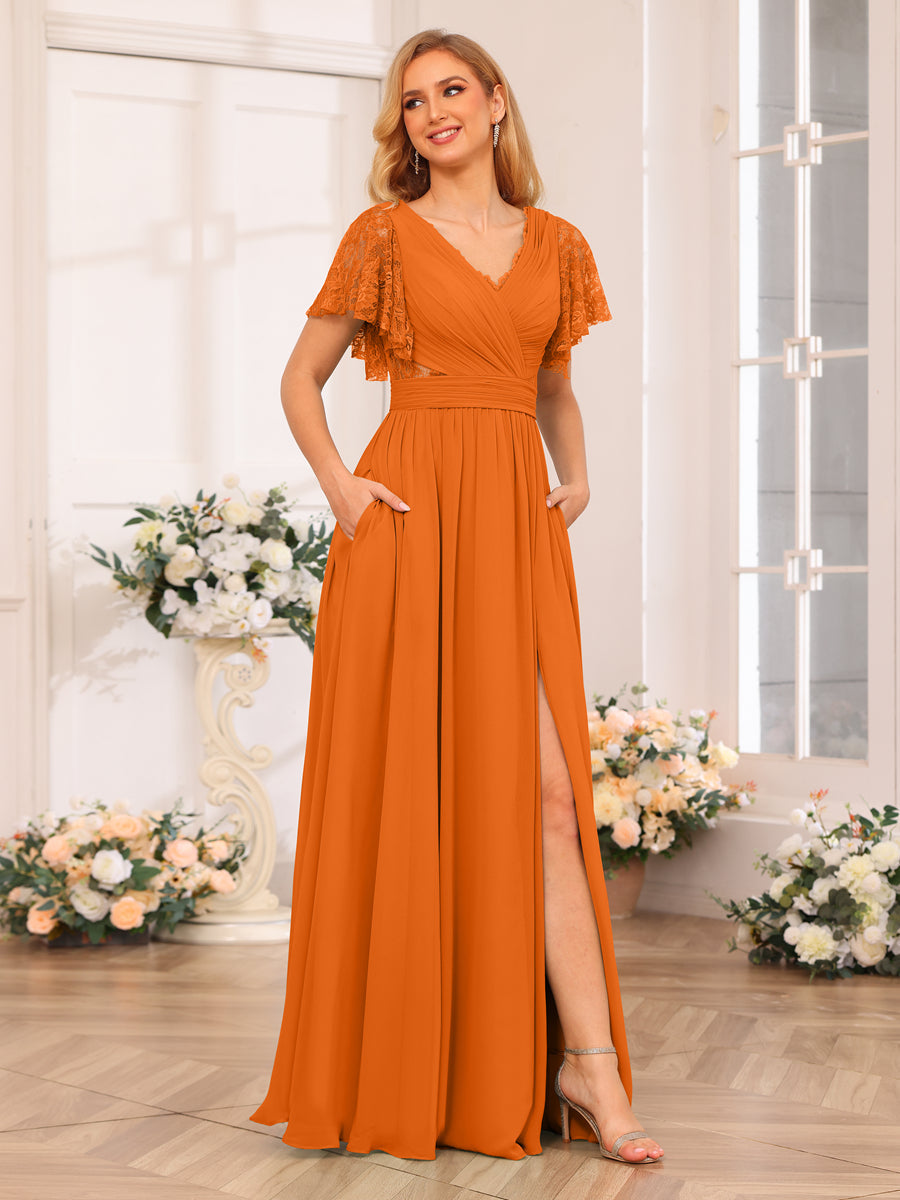 A-Line/Princess V-Neck Long Wedding Party Dresses with Split Side & Pockets Custom Color