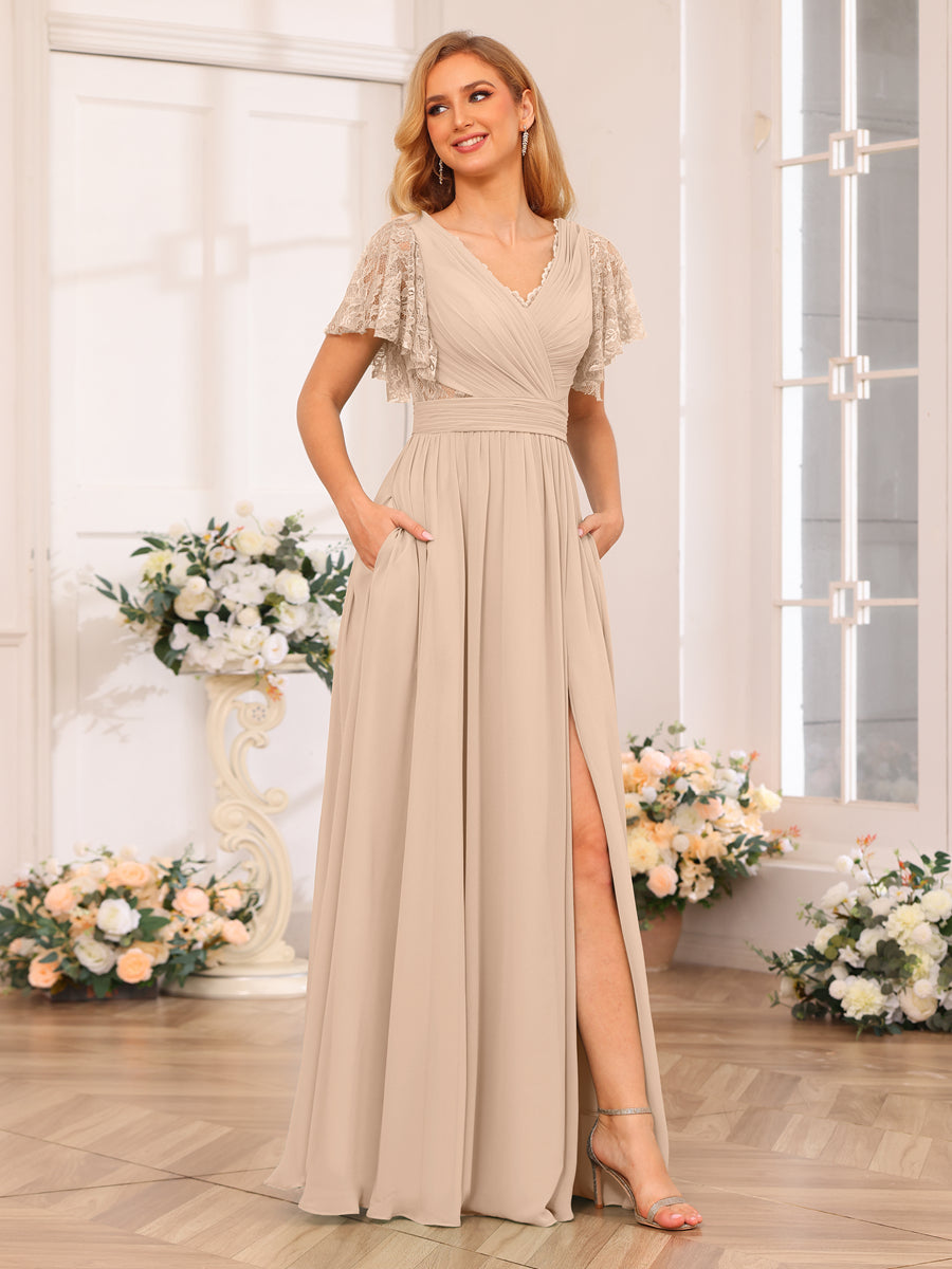 A-Line/Princess V-Neck Long Wedding Party Dresses with Split Side & Pockets Peach Pink