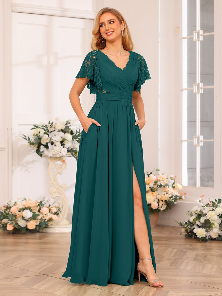 A-Line/Princess V-Neck Long Wedding Party Dresses with Split Side & Pockets Peacock