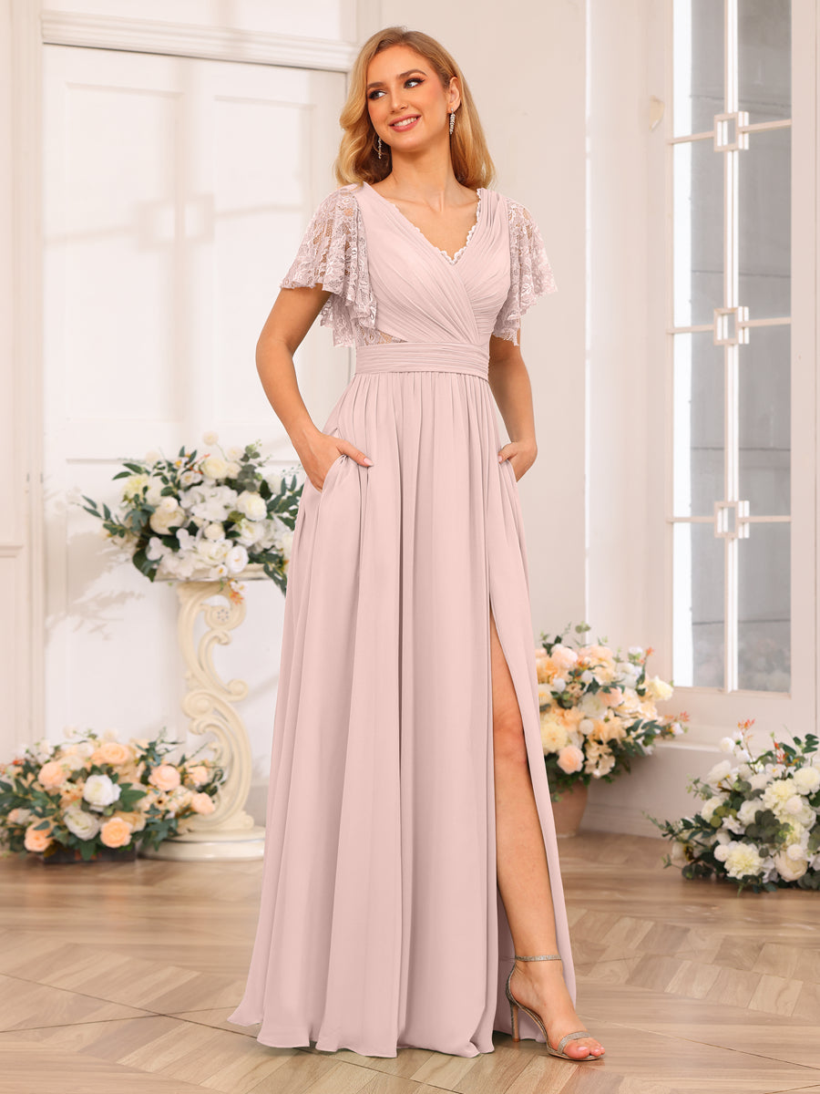 A-Line/Princess V-Neck Long Wedding Party Dresses with Split Side & Pockets Pearl Pink