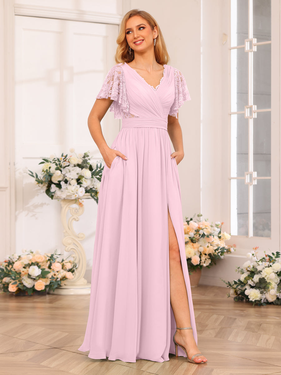 A-Line/Princess V-Neck Long Wedding Party Dresses with Split Side & Pockets Pink