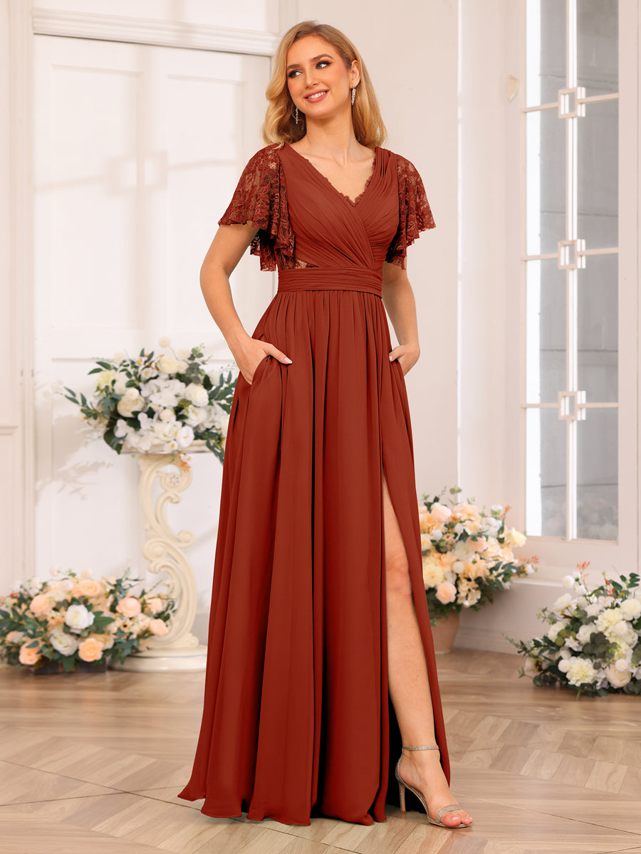 A-Line/Princess V-Neck Long Wedding Party Dresses with Split Side & Pockets Rust