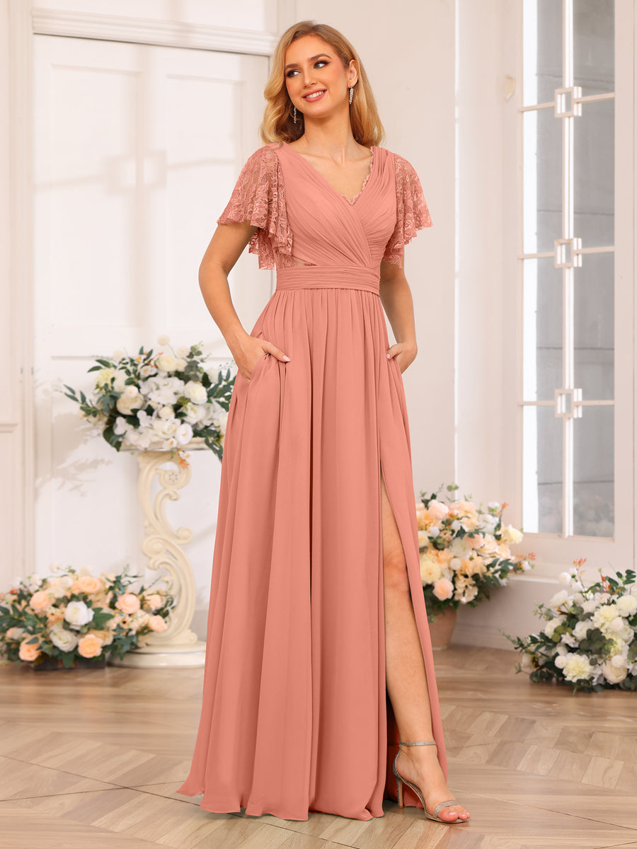 A-Line/Princess V-Neck Long Wedding Party Dresses with Split Side & Pockets Salmon