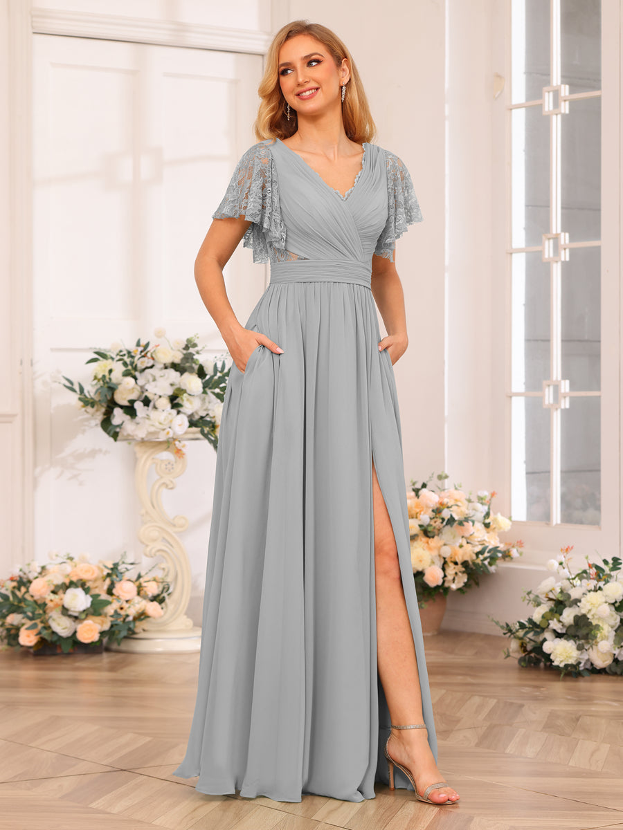 A-Line/Princess V-Neck Long Wedding Party Dresses with Split Side & Pockets Silver