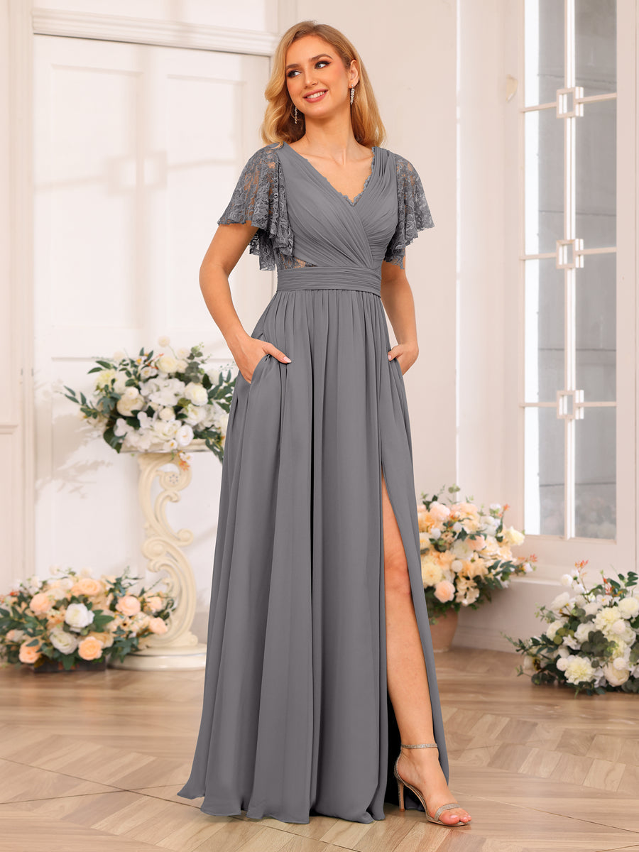A-Line/Princess V-Neck Long Wedding Party Dresses with Split Side & Pockets Silver Gray