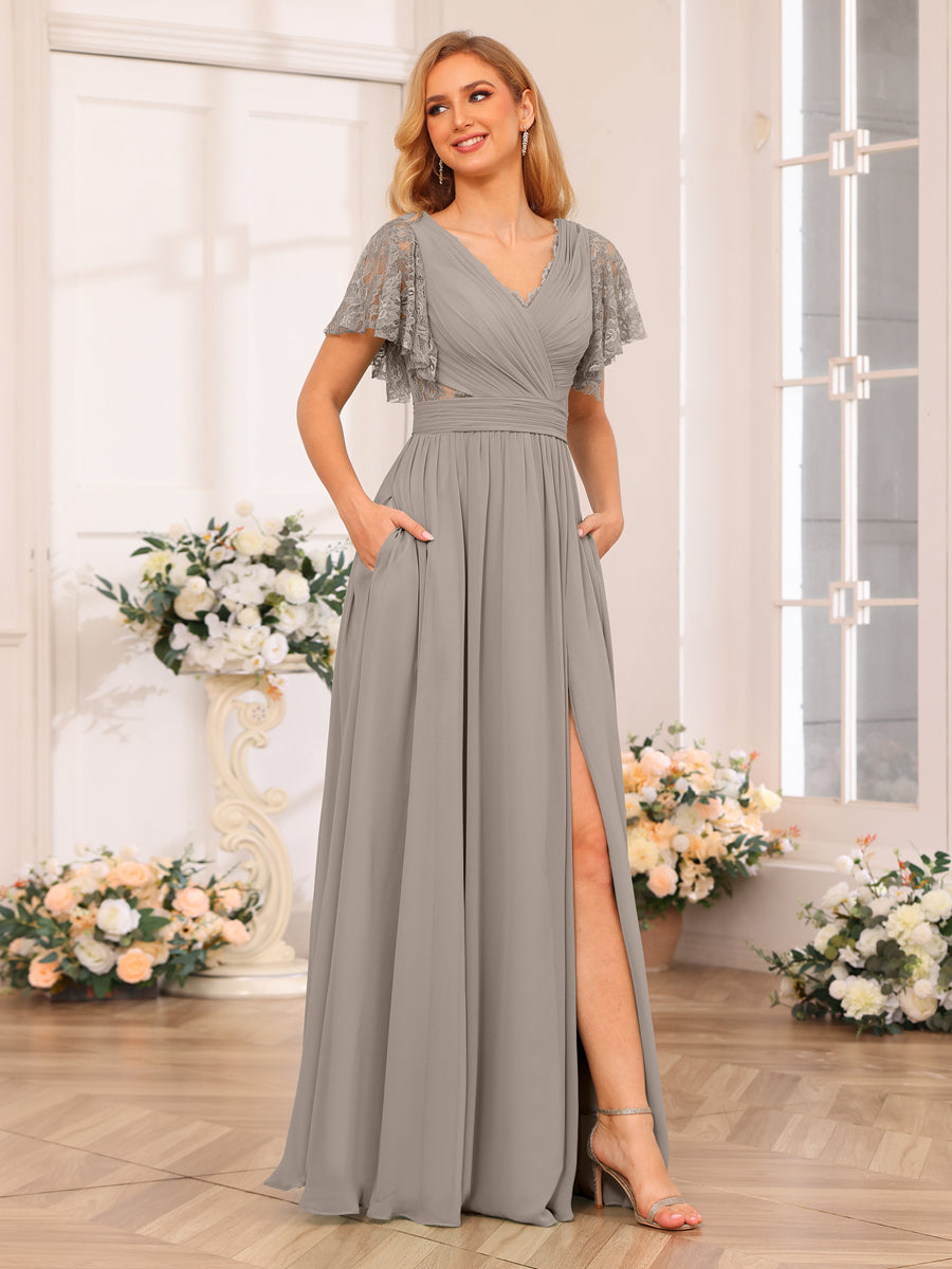 A-Line/Princess V-Neck Long Wedding Party Dresses with Split Side & Pockets Taupe