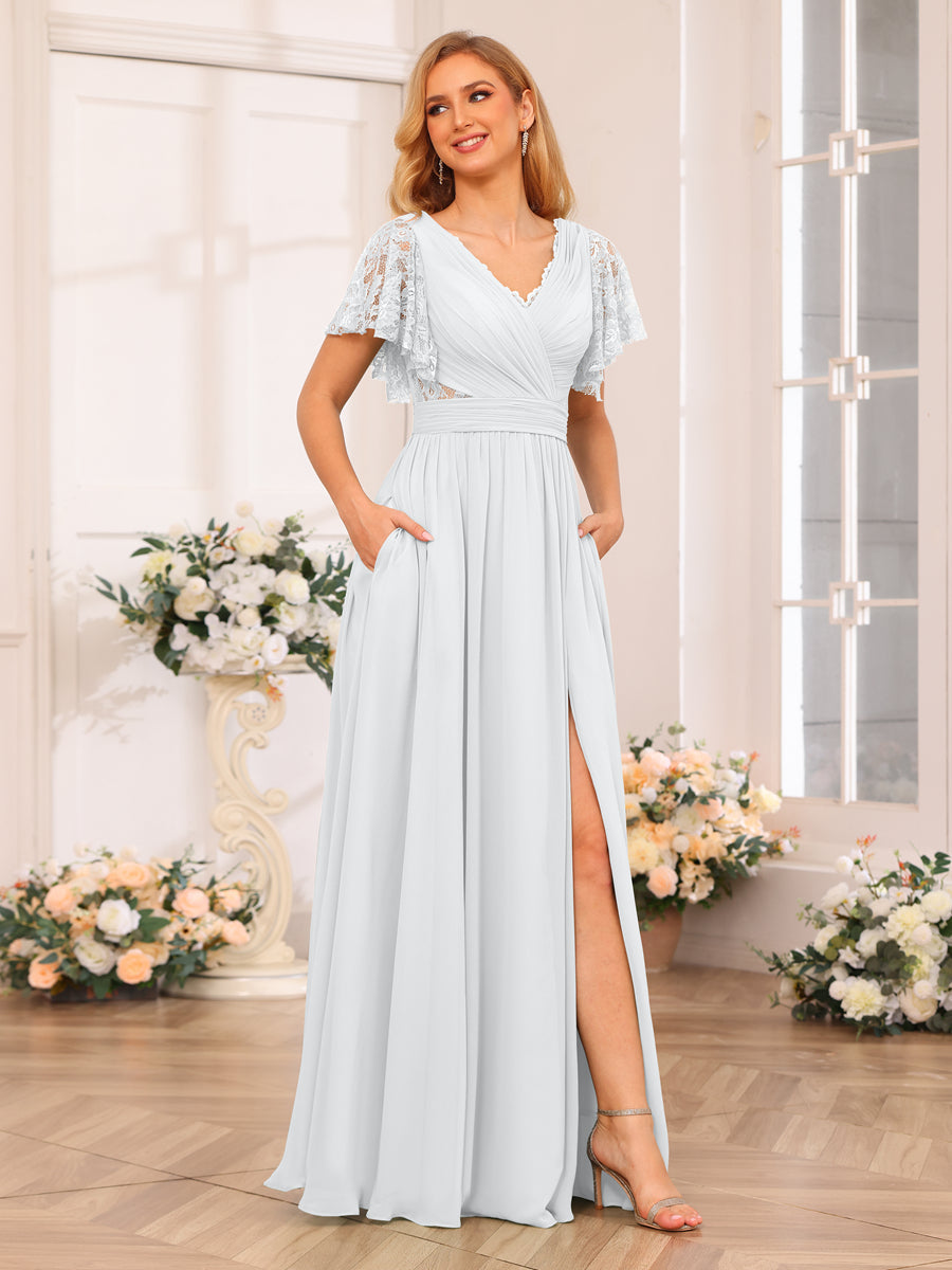 A-Line/Princess V-Neck Long Wedding Party Dresses with Split Side & Pockets White