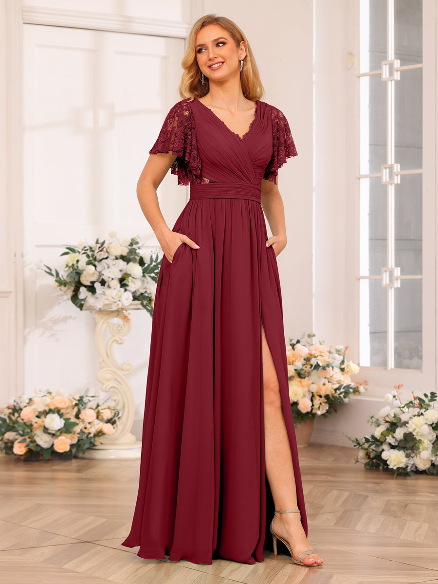 A-Line/Princess V-Neck Long Wedding Party Dresses with Split Side & Pockets Wine Red