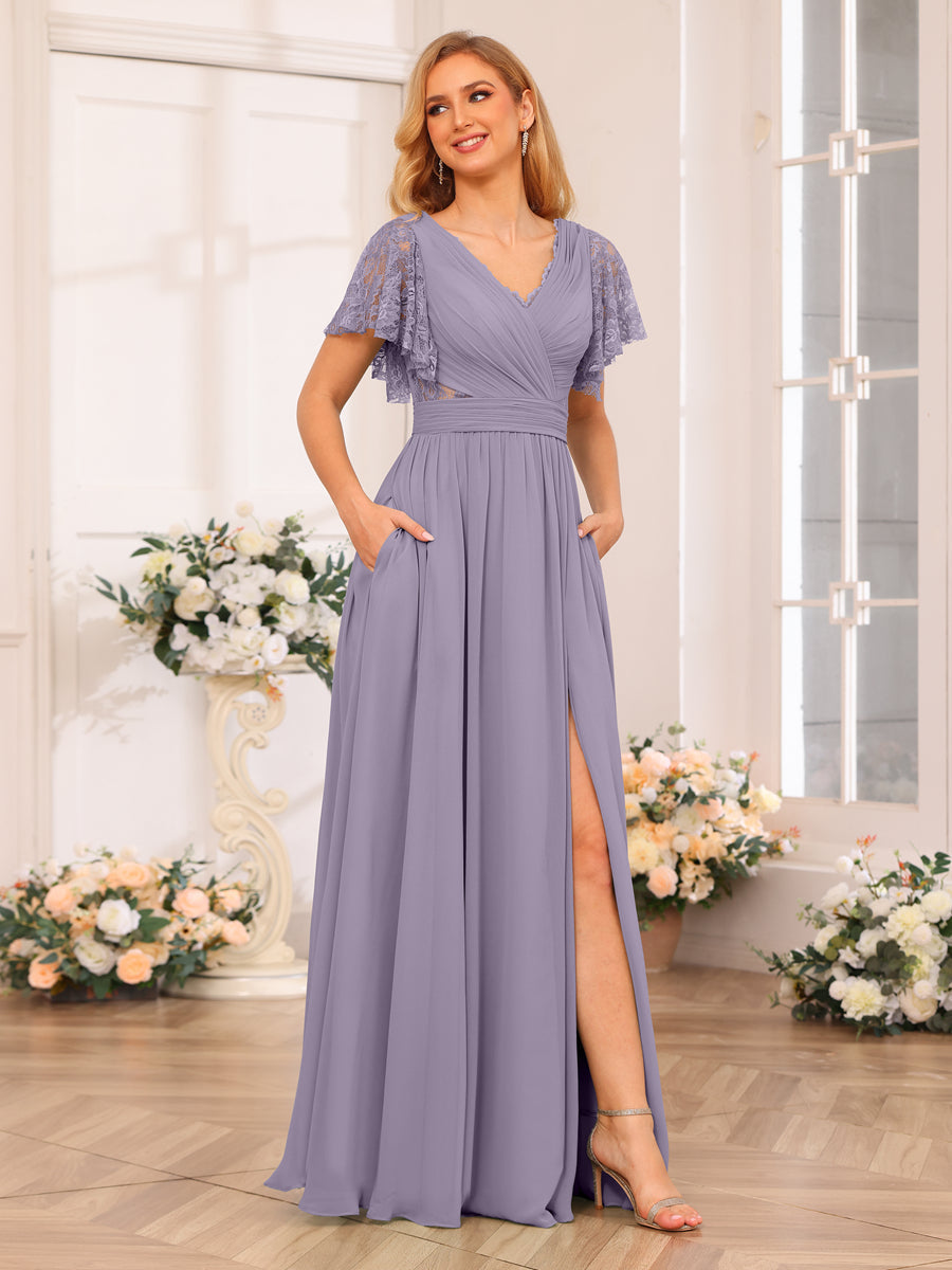 A-Line/Princess V-Neck Long Wedding Party Dresses with Split Side & Pockets Wisteria