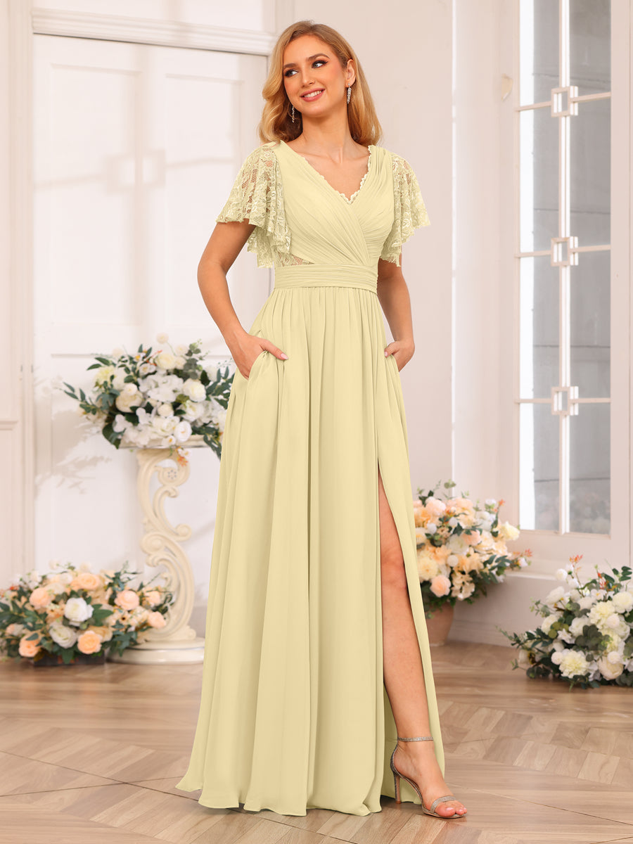 A-Line/Princess V-Neck Long Wedding Party Dresses with Split Side & Pockets Yellow