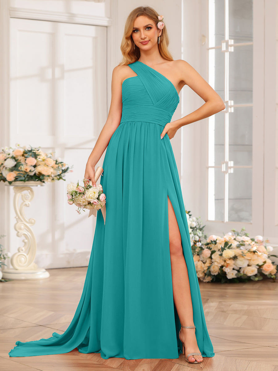 A-Line/Princess One-Shoulder Long Wedding Party Dresses with Watteau Train Aqua Blue