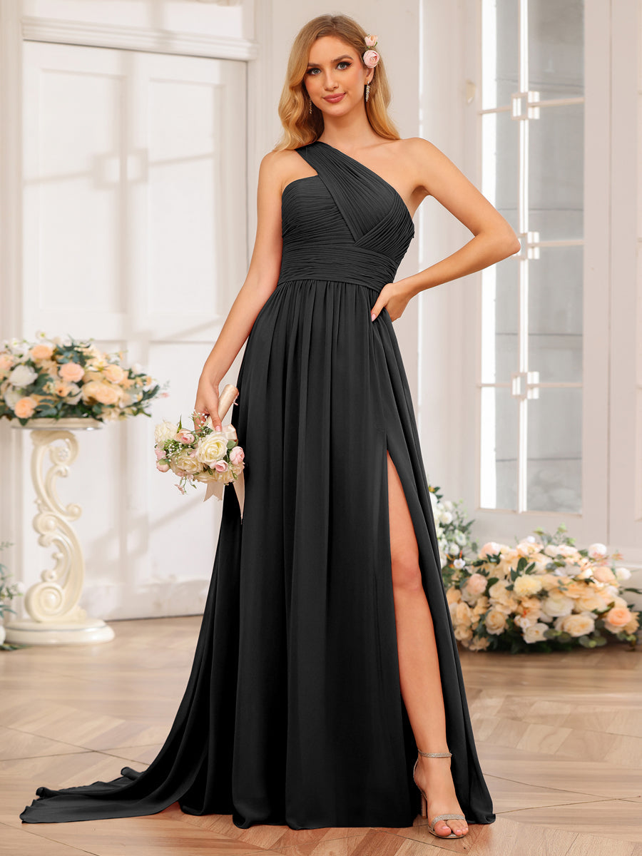 A-Line/Princess One-Shoulder Long Wedding Party Dresses with Watteau Train Black