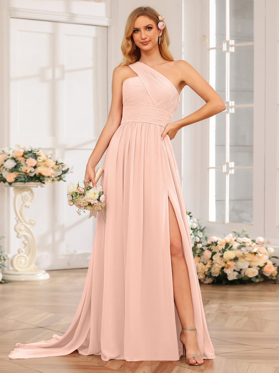 A-Line/Princess One-Shoulder Long Wedding Party Dresses with Watteau Train Blush Pink