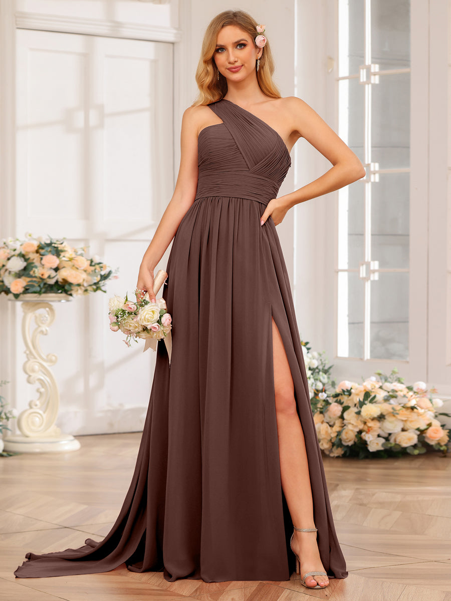 A-Line/Princess One-Shoulder Long Wedding Party Dresses with Watteau Train Brown