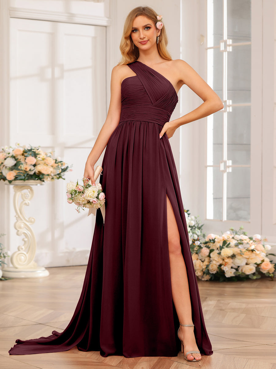 A-Line/Princess One-Shoulder Long Wedding Party Dresses with Watteau Train Burgundy