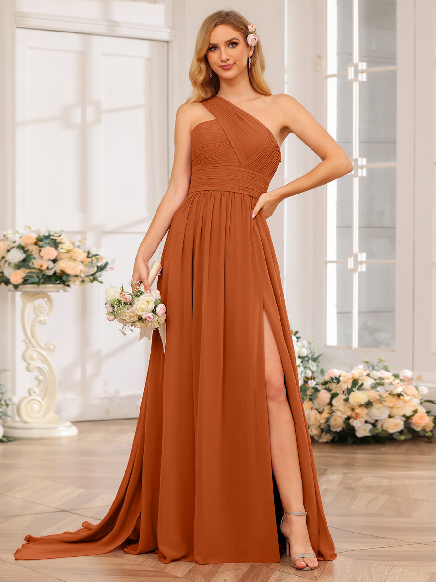 A-Line/Princess One-Shoulder Long Wedding Party Dresses with Watteau Train Burnt Orange