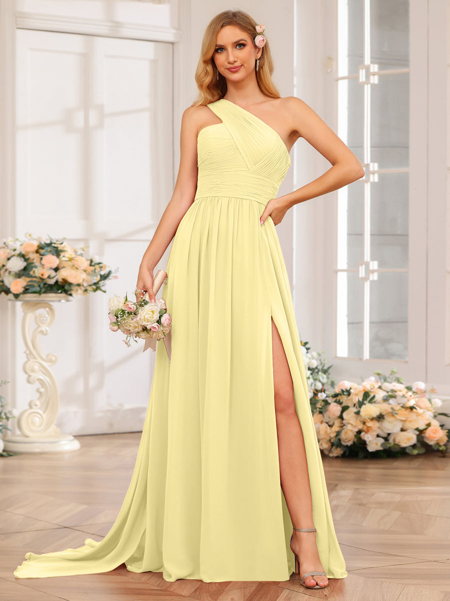 A-Line/Princess One-Shoulder Long Wedding Party Dresses with Watteau Train Canary