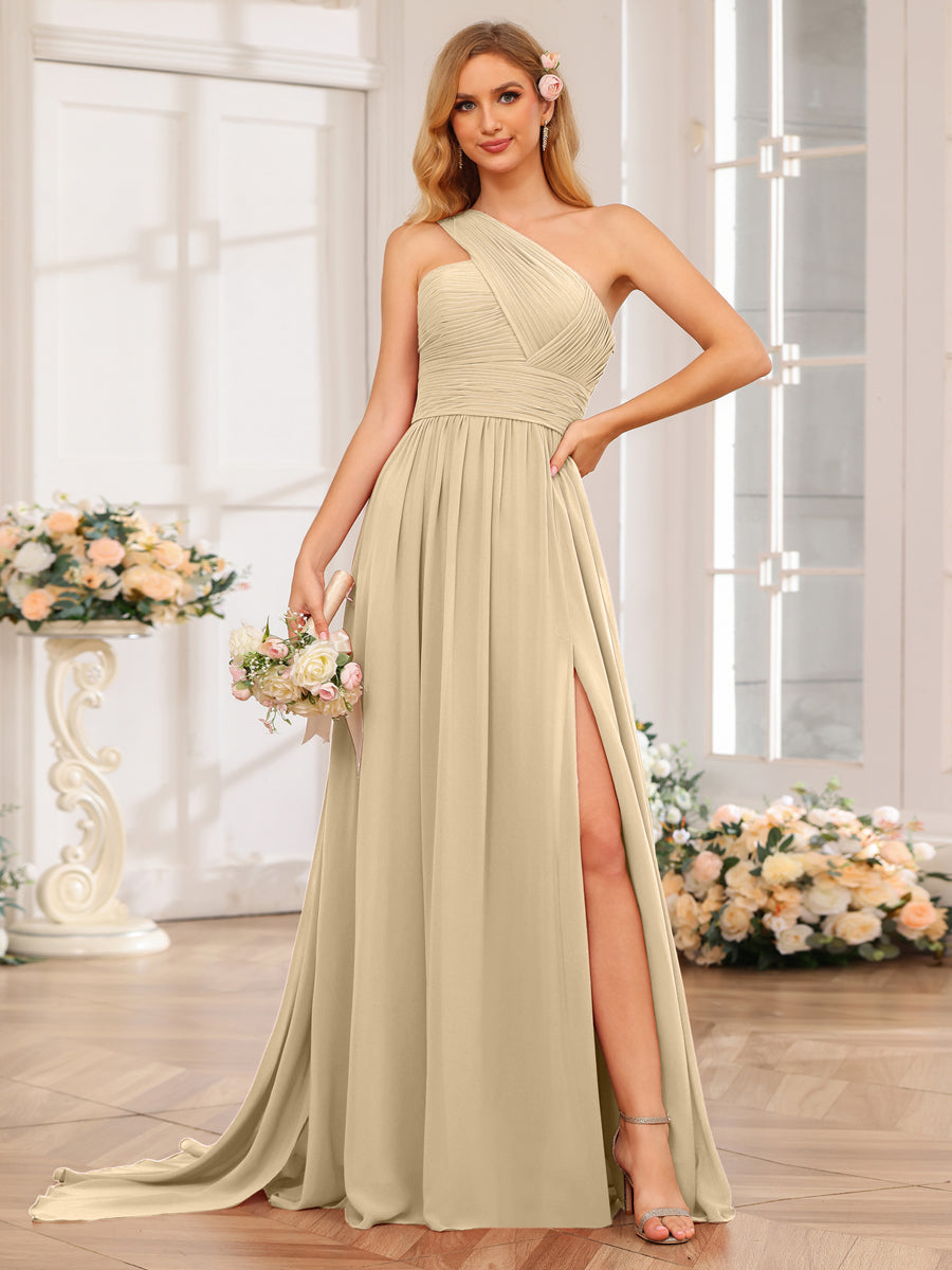 A-Line/Princess One-Shoulder Long Wedding Party Dresses with Watteau Train Champagne