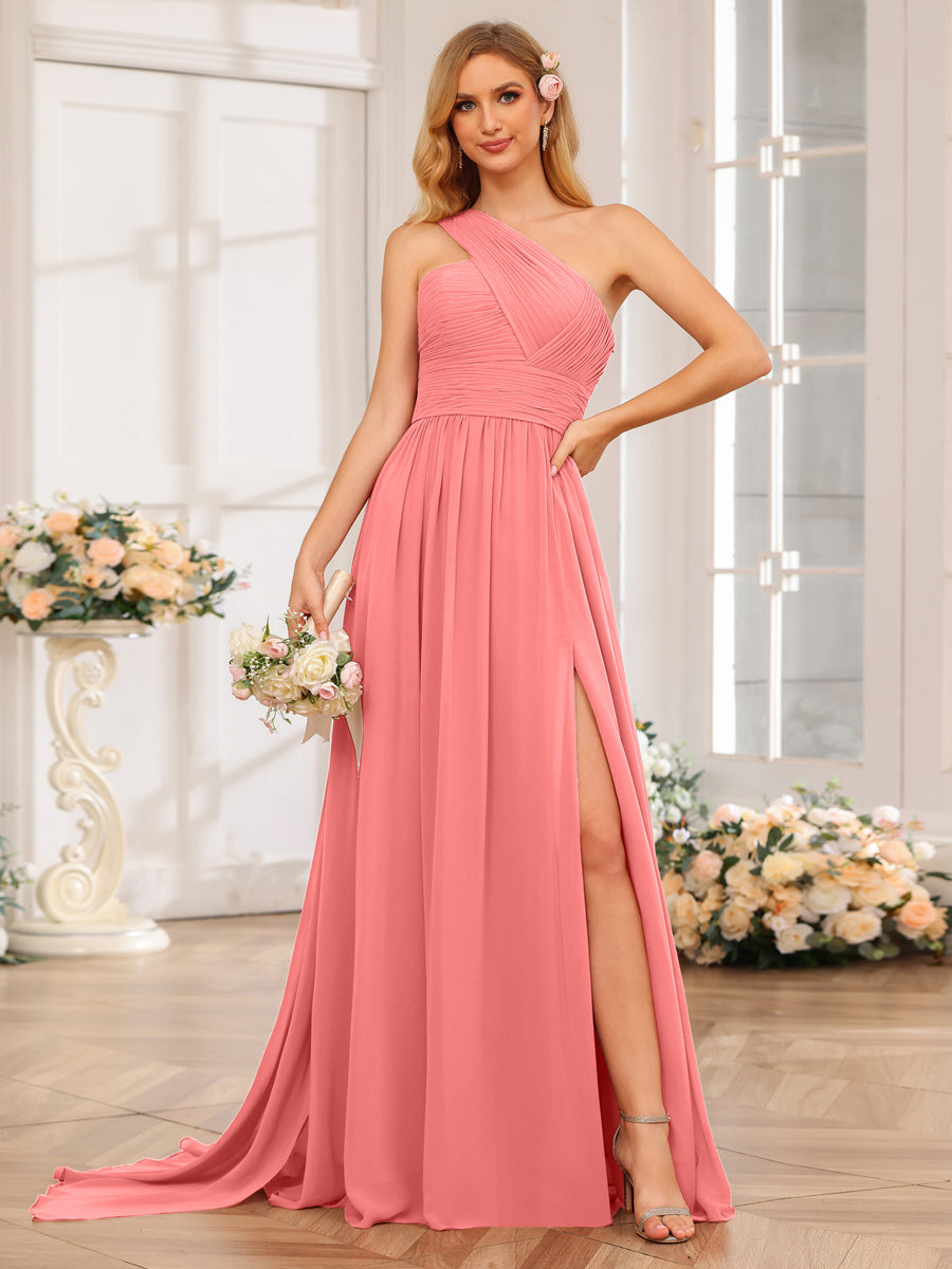 A-Line/Princess One-Shoulder Long Wedding Party Dresses with Watteau Train Coral