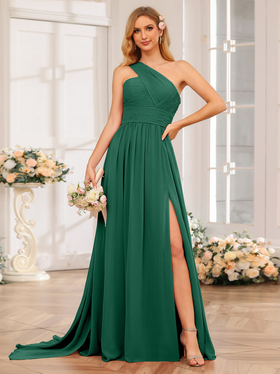 A-Line/Princess One-Shoulder Long Wedding Party Dresses with Watteau Train Dark Green