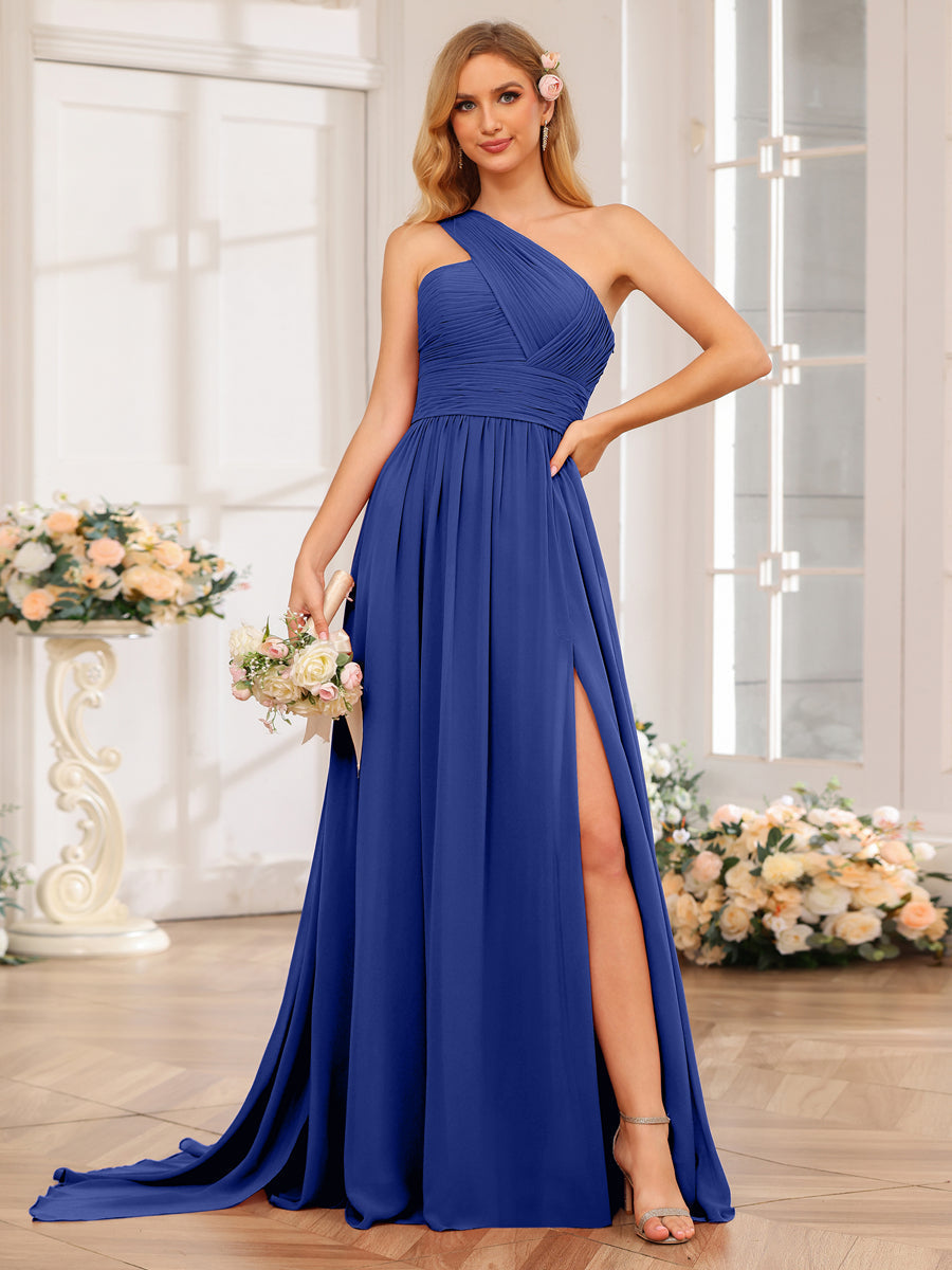 A-Line/Princess One-Shoulder Long Wedding Party Dresses with Watteau Train Dark Royal Blue