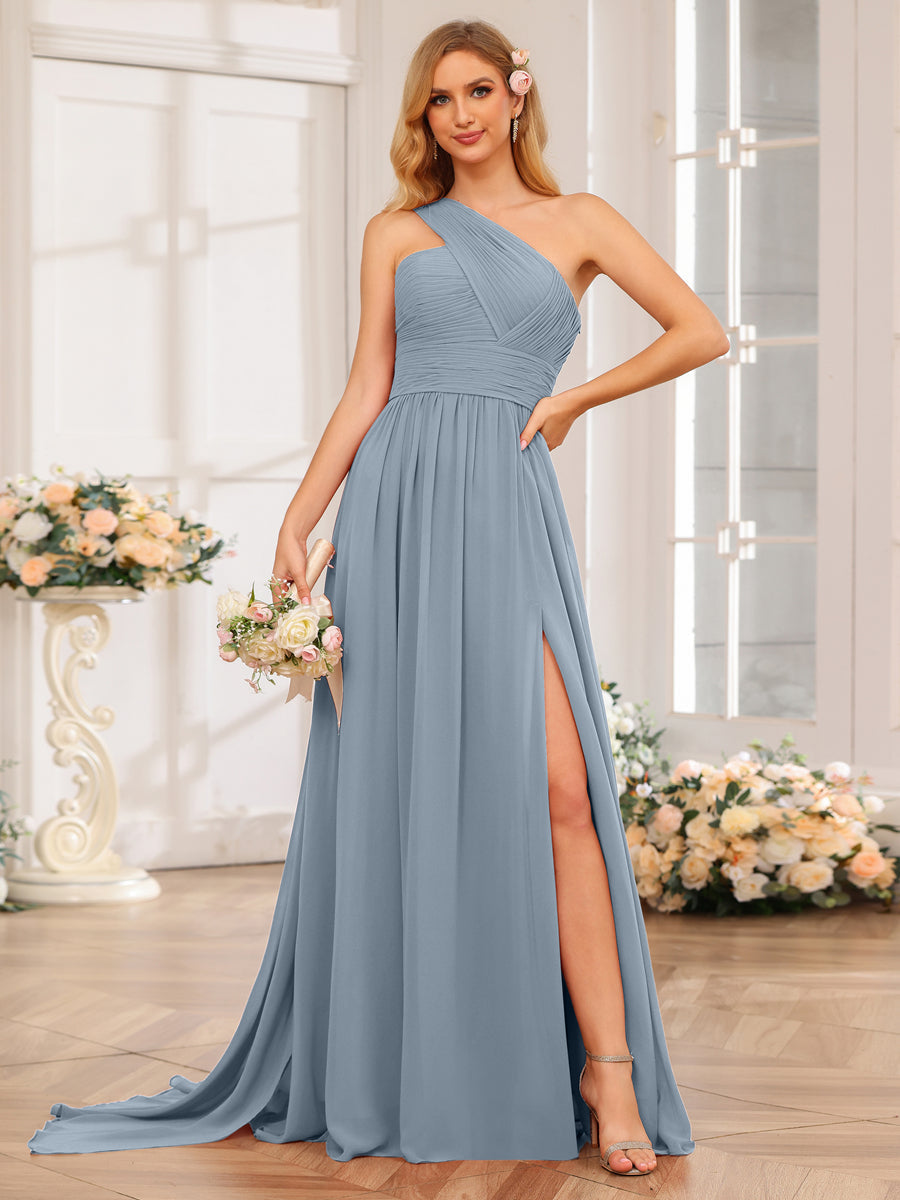 A-Line/Princess One-Shoulder Long Wedding Party Dresses with Watteau Train Dusty Blue