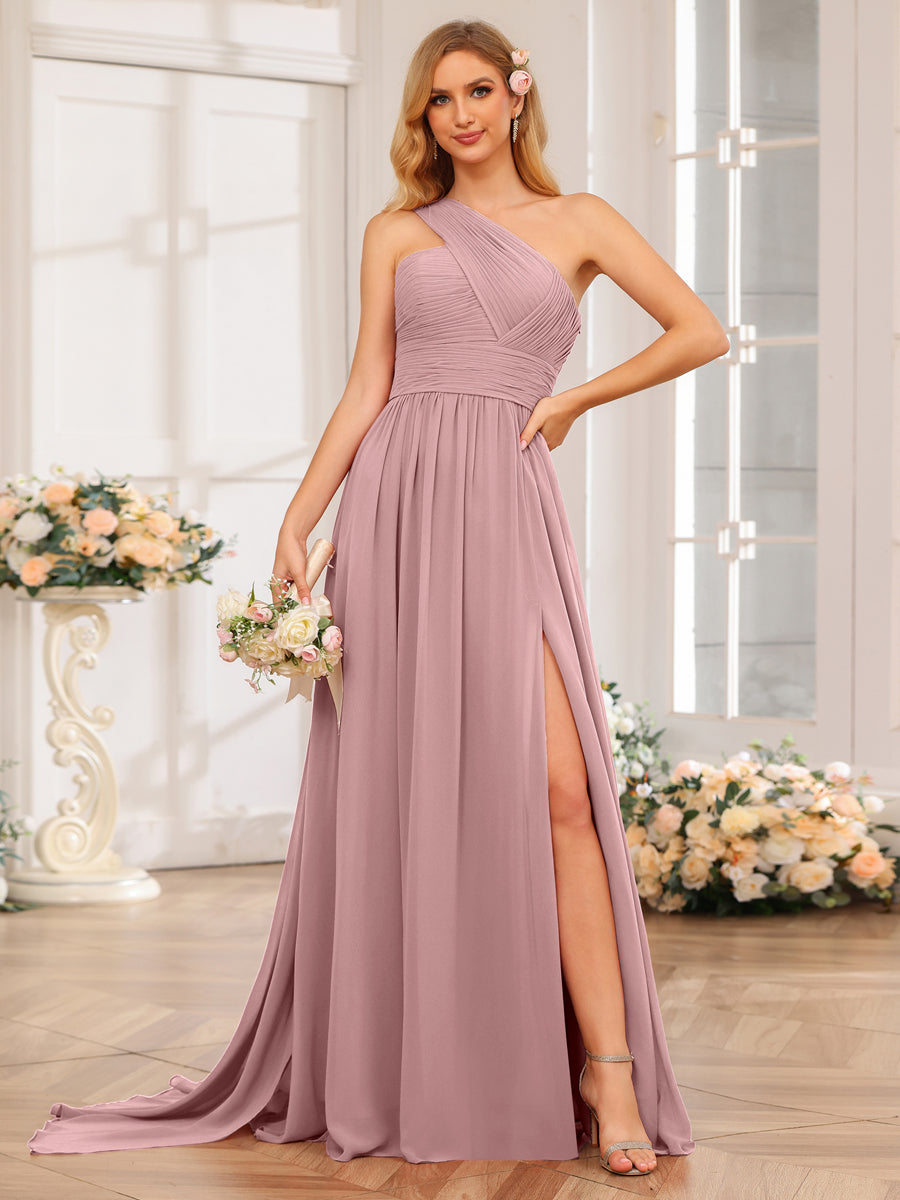 A-Line/Princess One-Shoulder Long Wedding Party Dresses with Watteau Train Dusty Pink