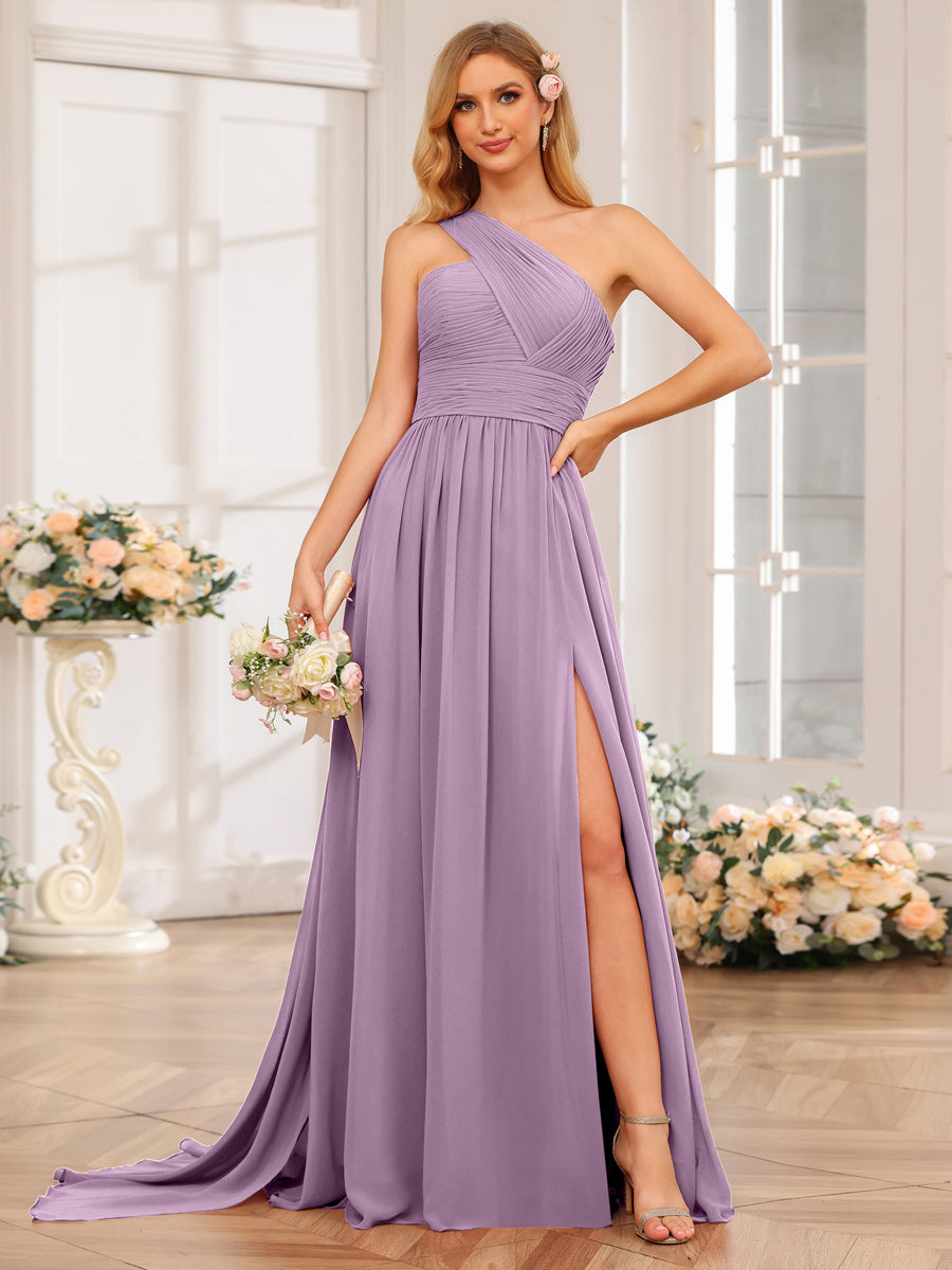 A-Line/Princess One-Shoulder Long Wedding Party Dresses with Watteau Train Dusty Purple