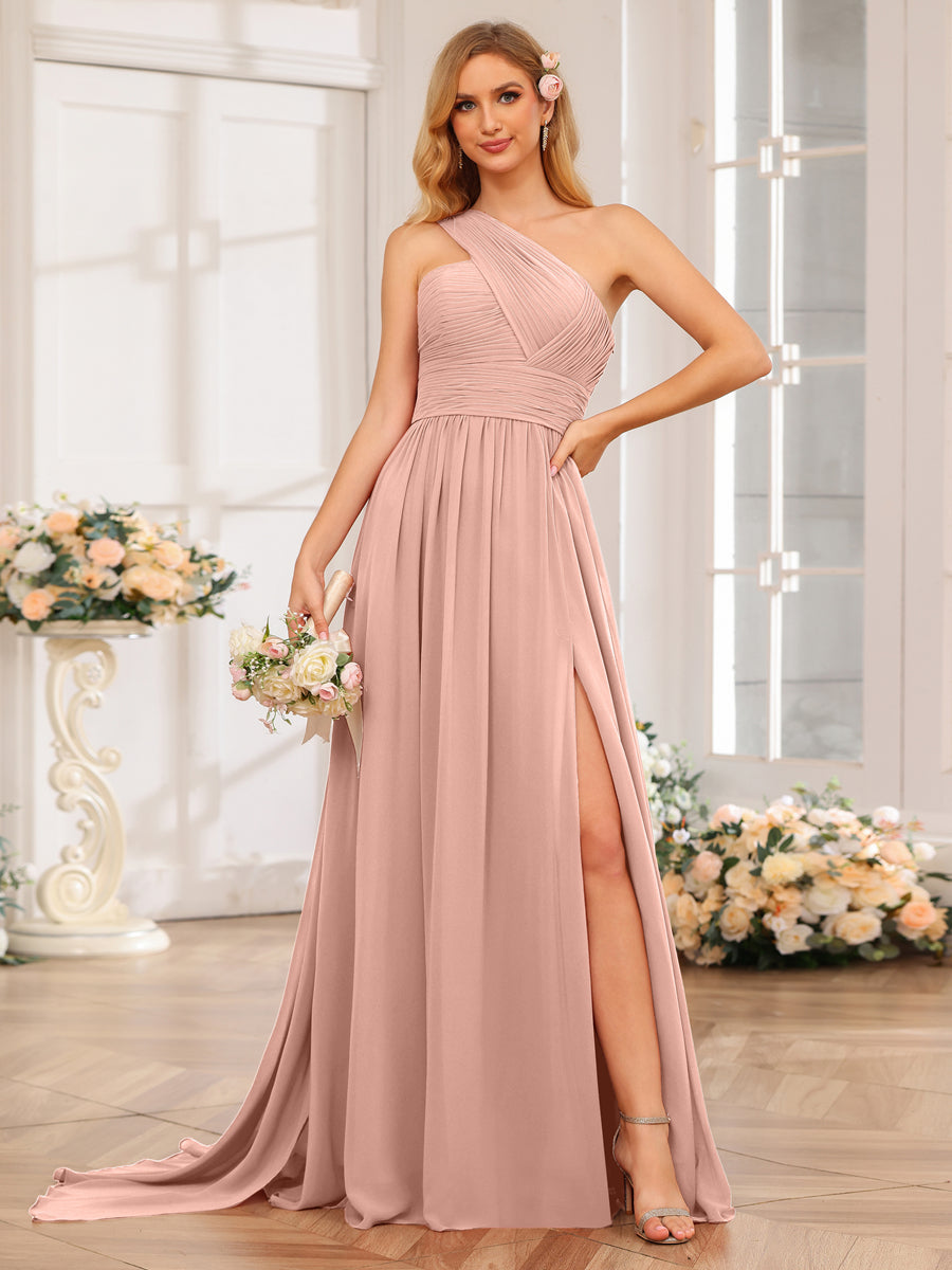 A-Line/Princess One-Shoulder Long Wedding Party Dresses with Watteau Train Dusty Rose