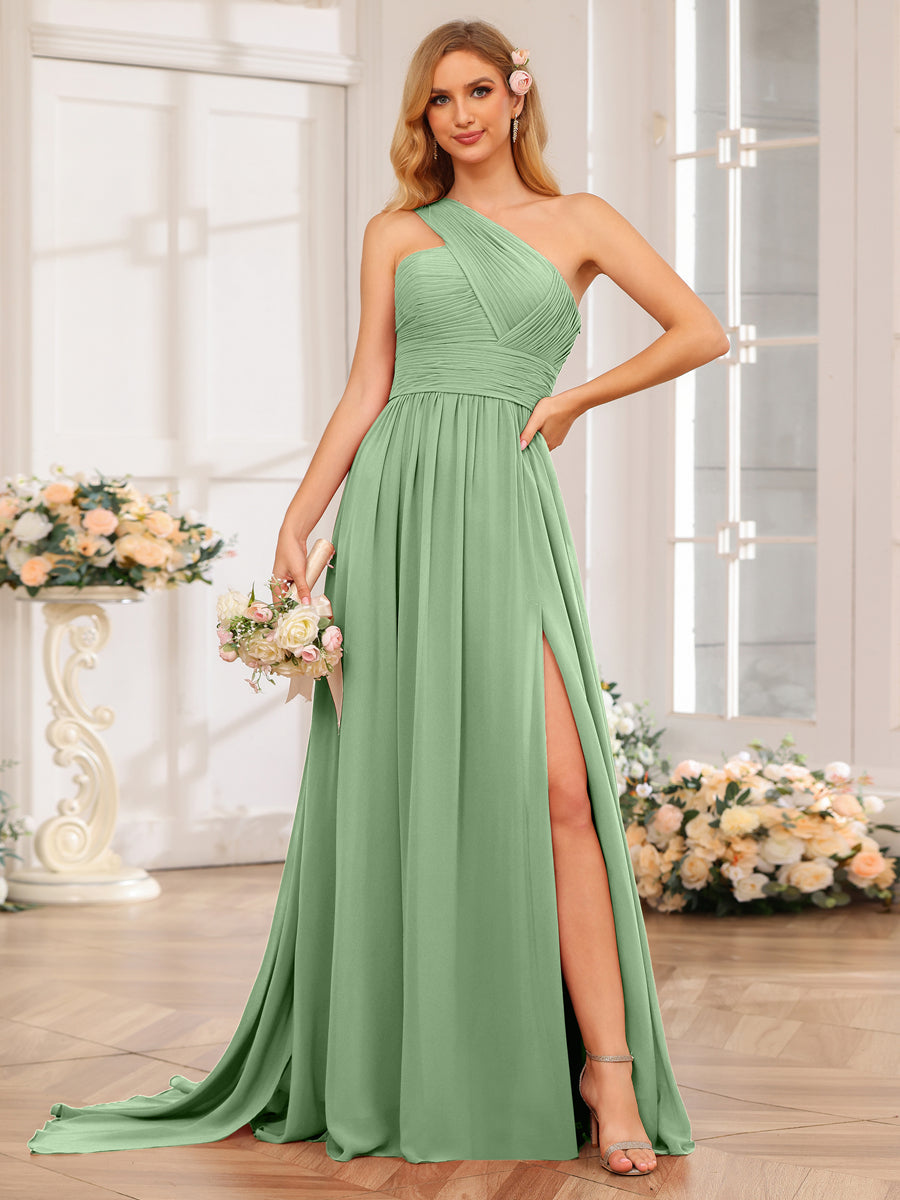 A-Line/Princess One-Shoulder Long Wedding Party Dresses with Watteau Train Dusty Sage