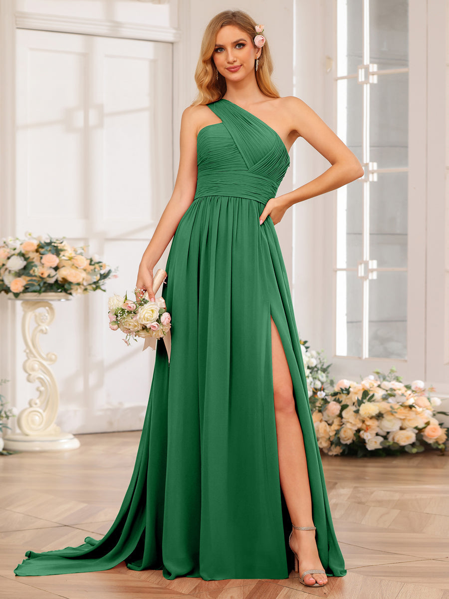 A-Line/Princess One-Shoulder Long Wedding Party Dresses with Watteau Train Emerald