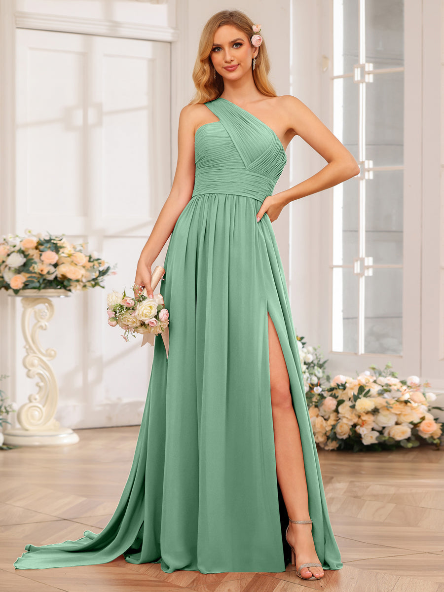 A-Line/Princess One-Shoulder Long Wedding Party Dresses with Watteau Train Eucalyptus