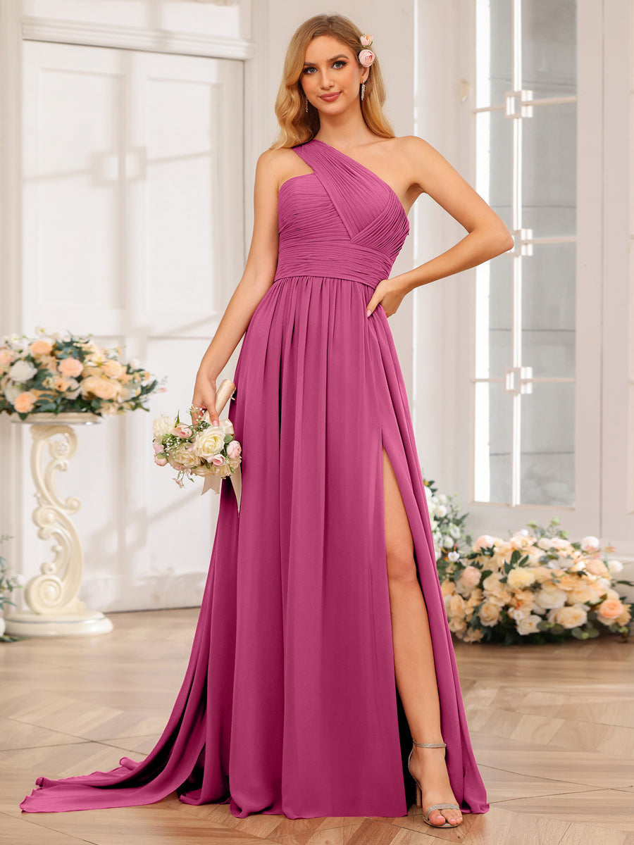 A-Line/Princess One-Shoulder Long Wedding Party Dresses with Watteau Train Fuchsia