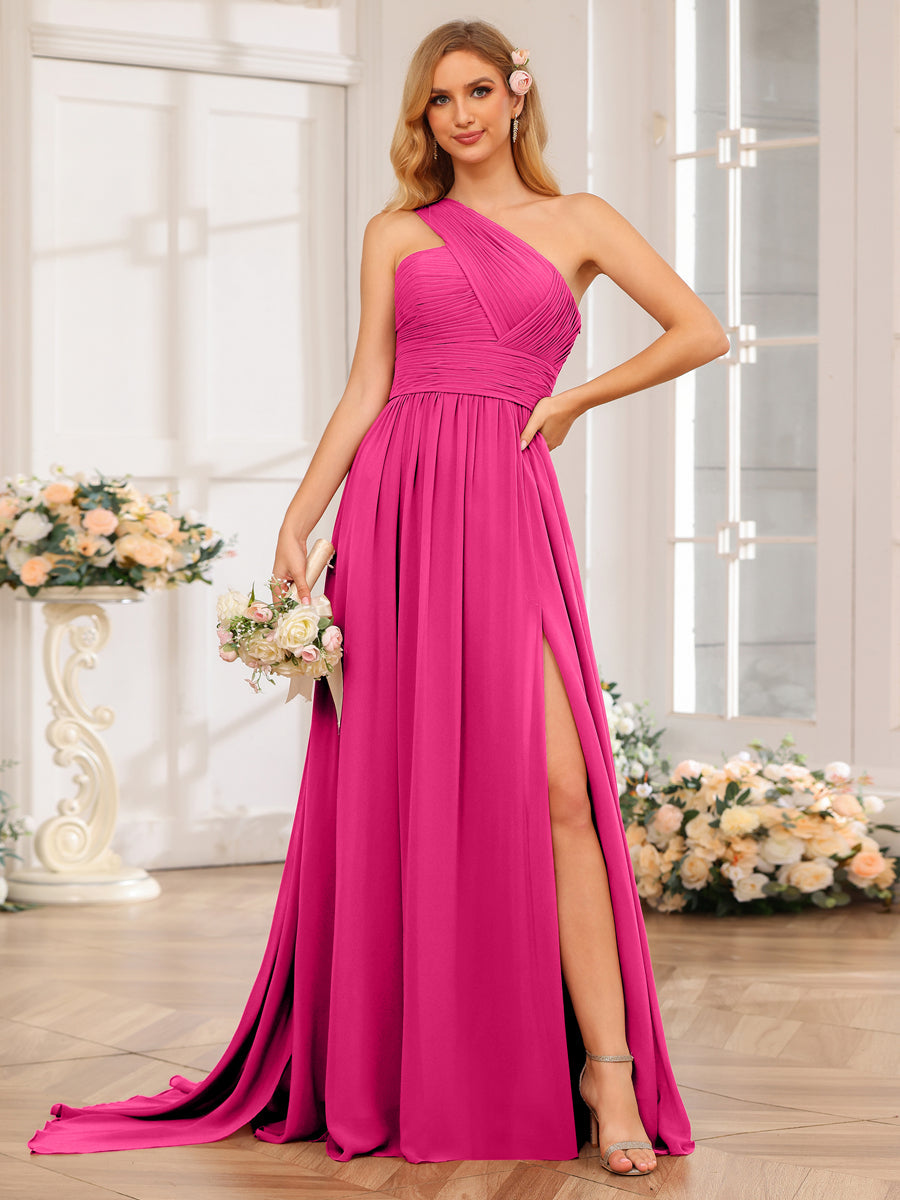 A-Line/Princess One-Shoulder Long Wedding Party Dresses with Watteau Train Fuchsia Pink