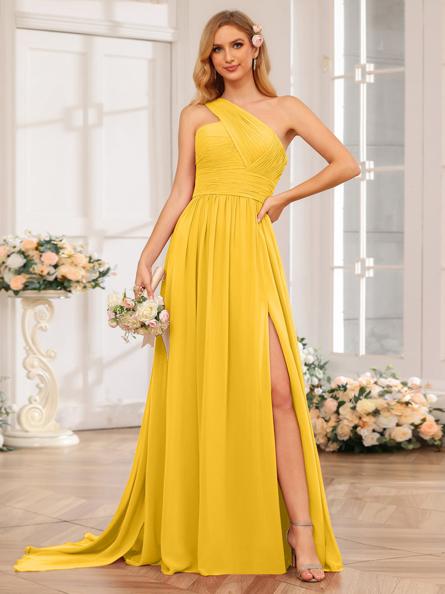 A-Line/Princess One-Shoulder Long Wedding Party Dresses with Watteau Train Gold