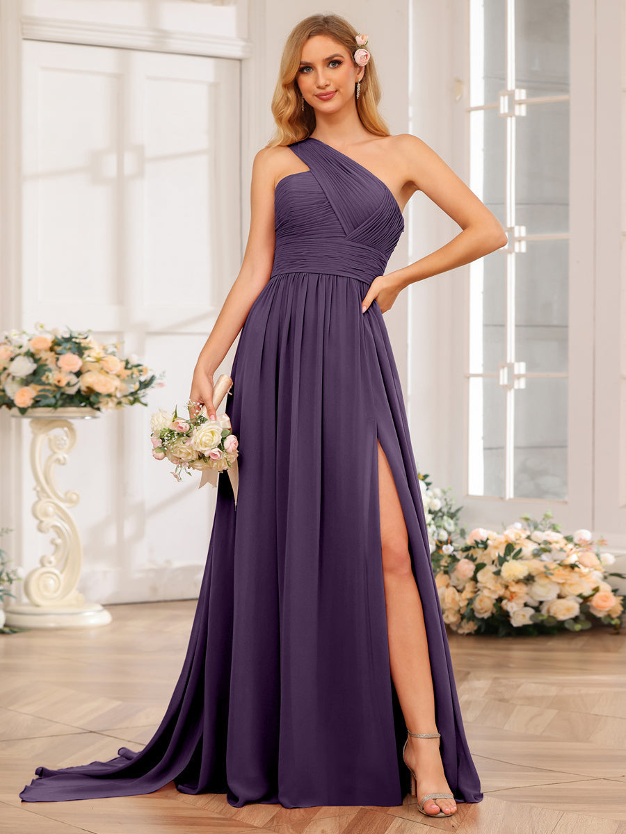 A-Line/Princess One-Shoulder Long Wedding Party Dresses with Watteau Train Grape